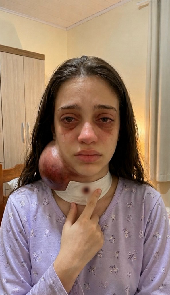 Amanda, 14 anos, com uma grave condição que cresce em seu pescoço